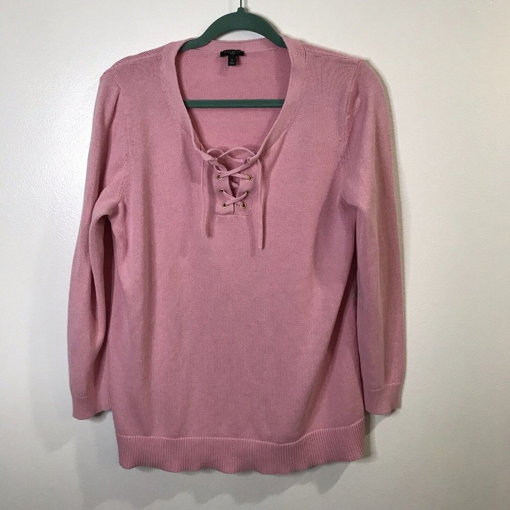 Talbots Pink Knit Sweater Size X / XL Lace Up V-neck Pullover Cotton Blend